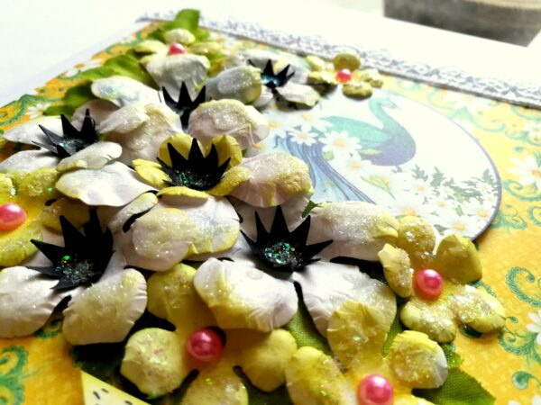 Sparkling white paper flowers handmade greeting card image