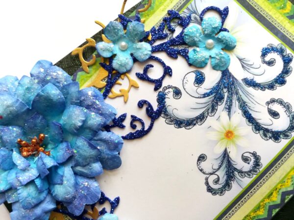 Sparkling Handmade Blue Paper Flowers Corner Greeting Card image