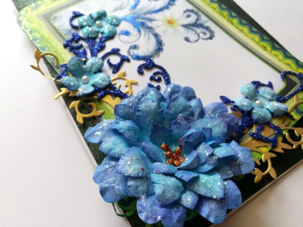 Sparkling Handmade Blue Paper Flowers Corner Greeting Card image