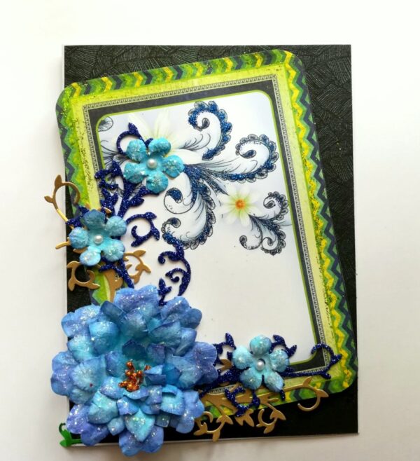 Sparkling Handmade Blue Paper Flowers Corner Greeting Card image