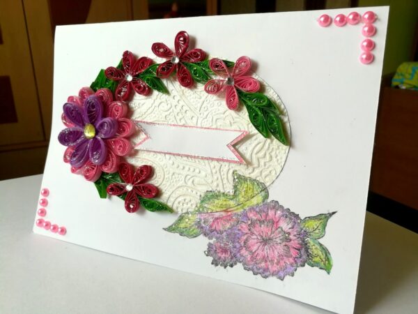 Sparkling Quilled Pink Flowers in Circle Greeting Card image