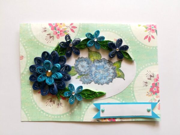 Sparkling Quilled Blue Flowers in Circle Greeting Card image