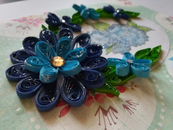Sparkling Quilled Blue Flowers in Circle Greeting Card image