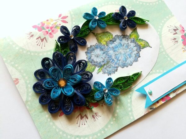 Sparkling Quilled Blue Flowers in Circle Greeting Card image