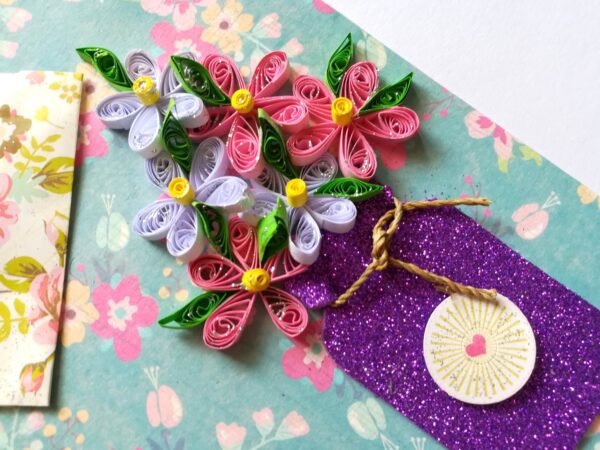 Quilled Flowers in Sparkling Purple Jar Greeting Card image Quilled Flowers in Sparkling Purple Jar Greeting Card image