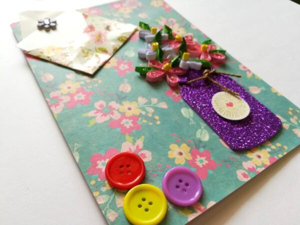 Quilled Flowers in Sparkling Purple Jar Greeting Card image Quilled Flowers in Sparkling Purple Jar Greeting Card image