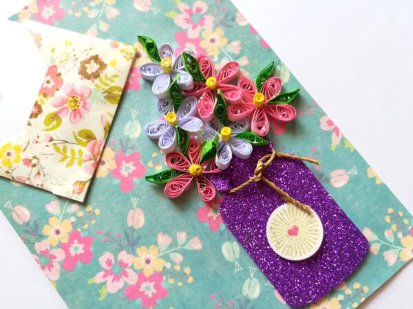 Quilled Flowers in Sparkling Purple Jar Greeting Card image Quilled Flowers in Sparkling Purple Jar Greeting Card image