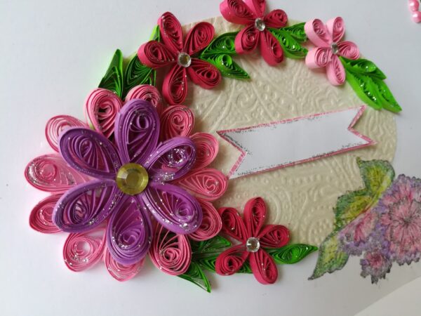 Sparkling Quilled Pink Flowers in Circle Greeting Card image
