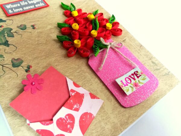 Red Quilled Flowers in Jar Greeting Card image