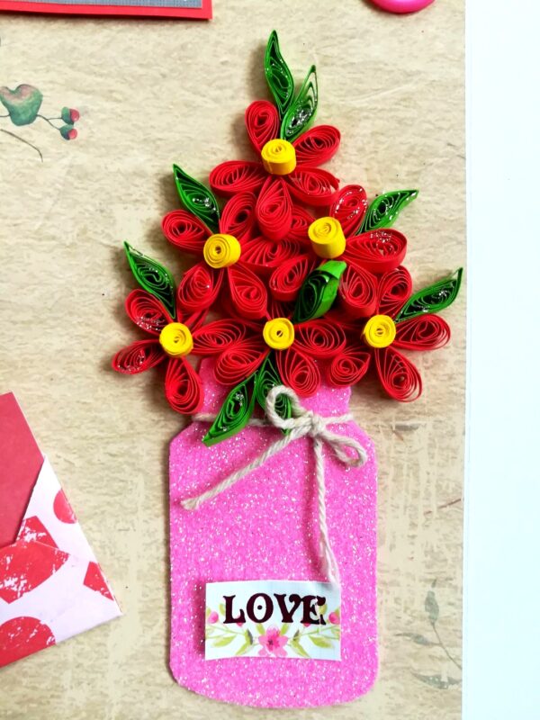 Red Quilled Flowers in Jar Greeting Card image