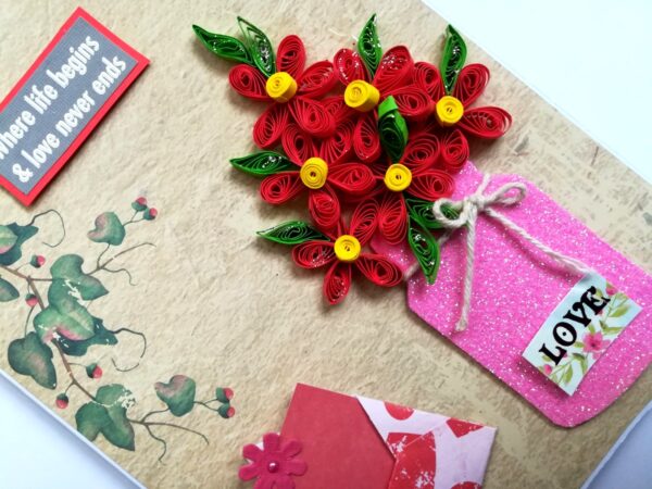 Red Quilled Flowers in Jar Greeting Card image