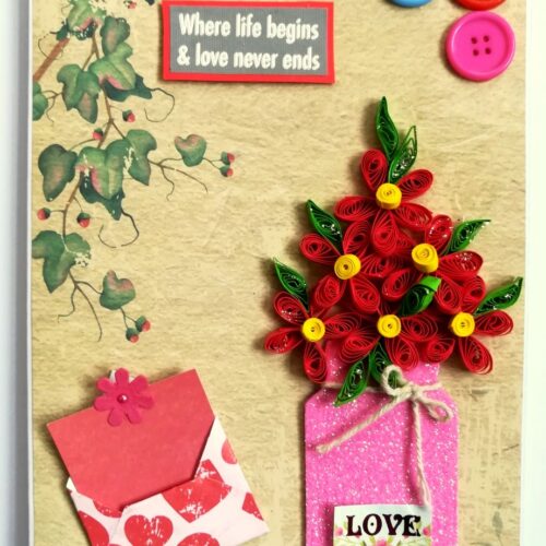 Red Quilled Flowers in Jar Greeting Card image