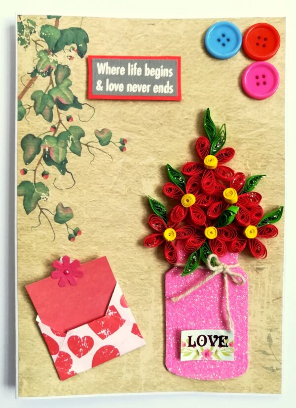 Red Quilled Flowers in Jar Greeting Card image