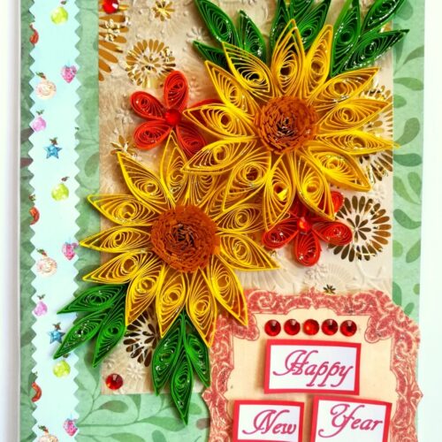 Yellow Quilled Flowers New Year Greeting Card image
