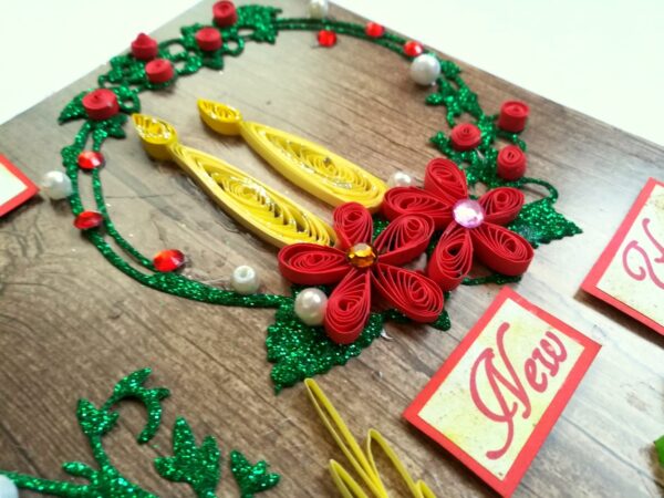 Red Quilled and Wreath New Year Handmade Greeting Card image