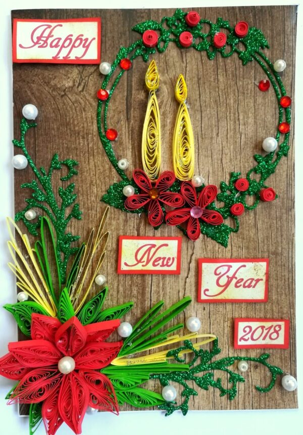 Red Quilled and Wreath New Year Handmade Greeting Card image