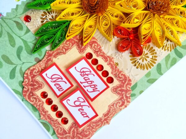 Yellow Quilled Flowers New Year Greeting Card image