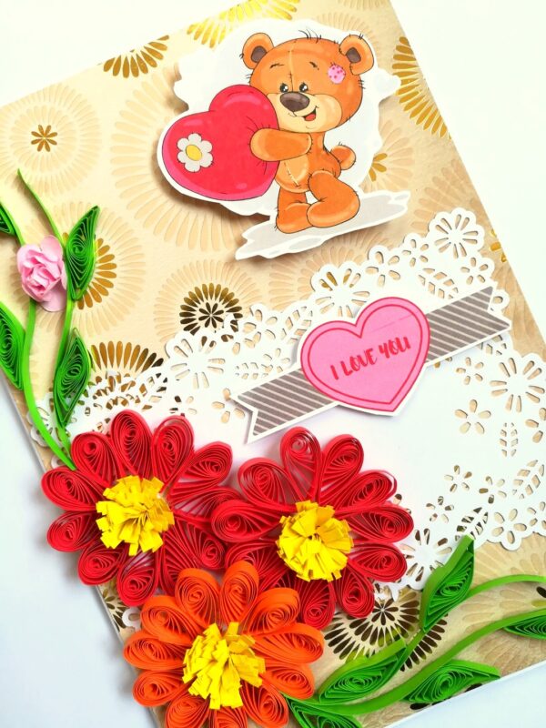 Quilled Red Love Flowers Valentine Greeting Card image