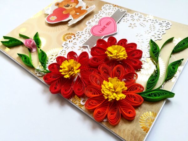 Quilled Red Love Flowers Valentine Greeting Card image