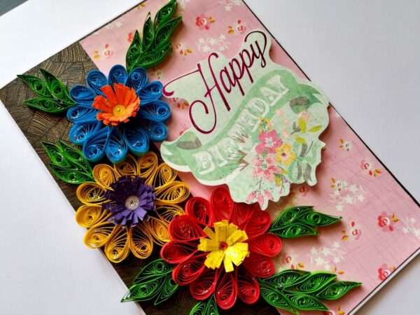 Quilled Flowers Happy Birthday Greeting Card image