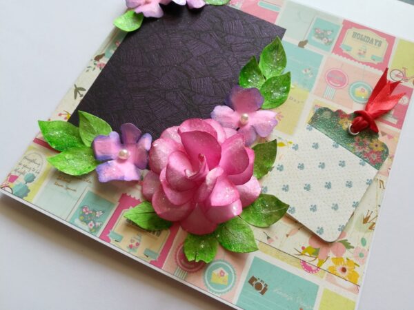 Sparkling DieCut Handmade paper Flowers Pink Greeting Card image Sparkling DieCut Handmade paper Flowers Pink Greeting Card image