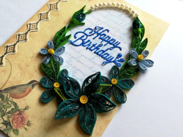 Blue Quilled Corner Flowers Birthday Greeting card image