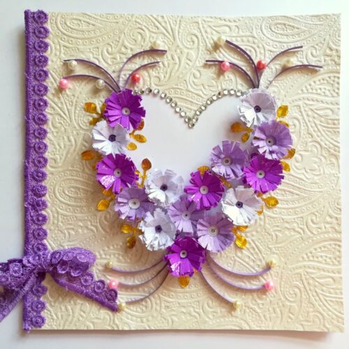 All Purples Quilled Flowers in Heart Greeting Card image