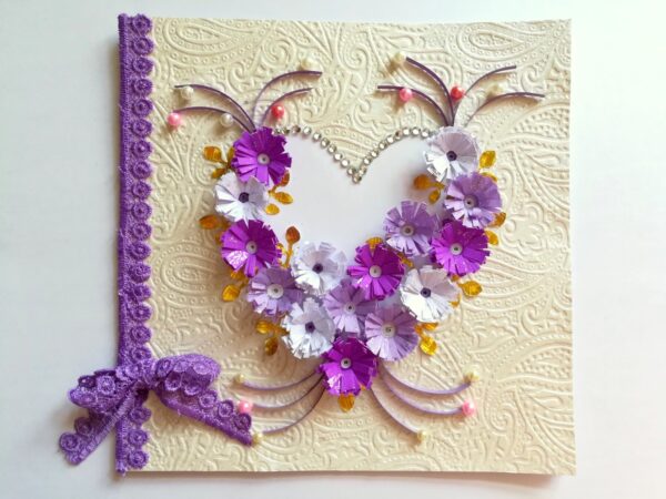 All Purples Quilled Flowers in Heart Greeting Card image All Purples Quilled Flowers in Heart Greeting Card image