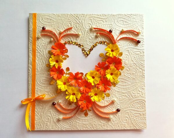 Yellow Themed Quilled Flowers in Heart Greeting Card image Yellow Themed Quilled Flowers in Heart Greeting Card image