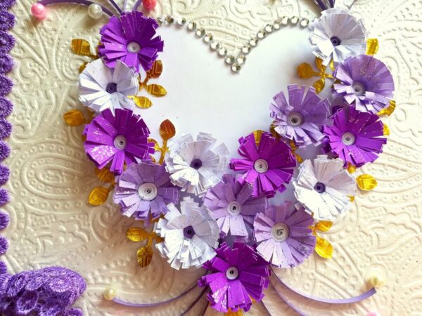 All Purples Quilled Flowers in Heart Greeting Card image All Purples Quilled Flowers in Heart Greeting Card image
