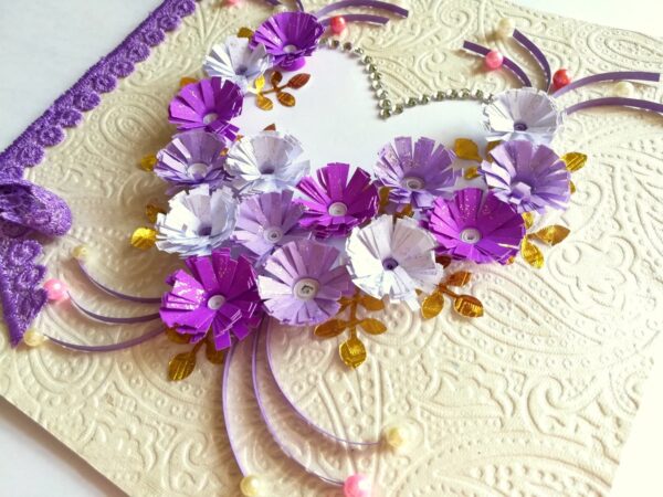 All Purples Quilled Flowers in Heart Greeting Card image All Purples Quilled Flowers in Heart Greeting Card image