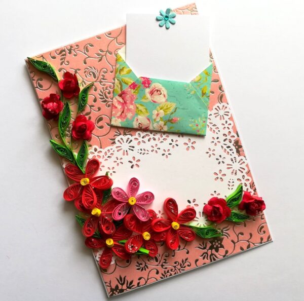 Red Quilled Flowers Love Greeting Card image