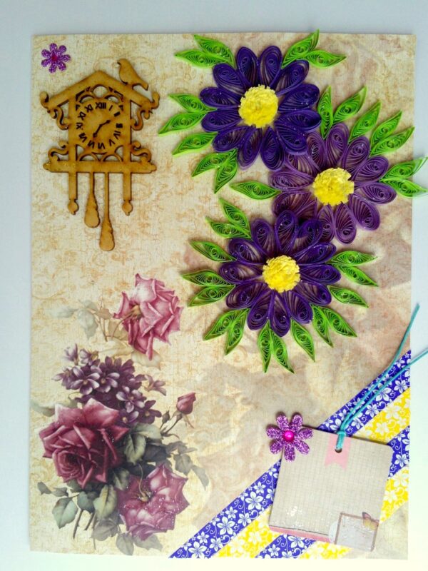 Purple Quilled Flowers With Bird Clock image Purple Quilled Flowers With Bird Clock image
