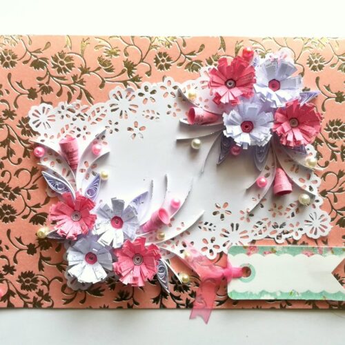 Sweet Pink Quilled Flowers With Paper Lace Greeting Card image