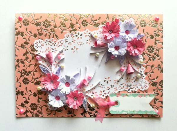 Sweet Pink Quilled Flowers With Paper Lace Greeting Card image Sweet Pink Quilled Flowers With Paper Lace Greeting Card image