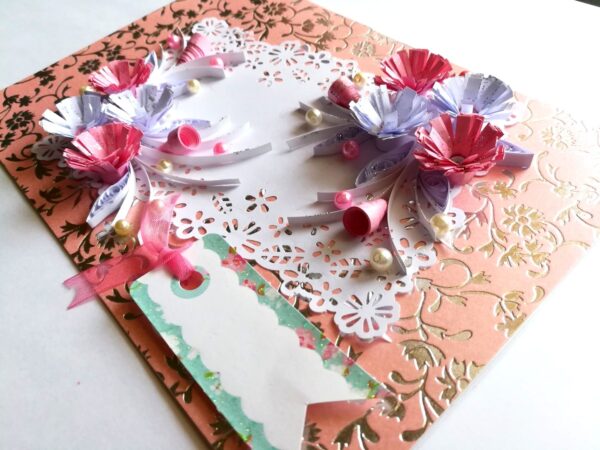Sweet Pink Quilled Flowers With Paper Lace Greeting Card image Sweet Pink Quilled Flowers With Paper Lace Greeting Card image