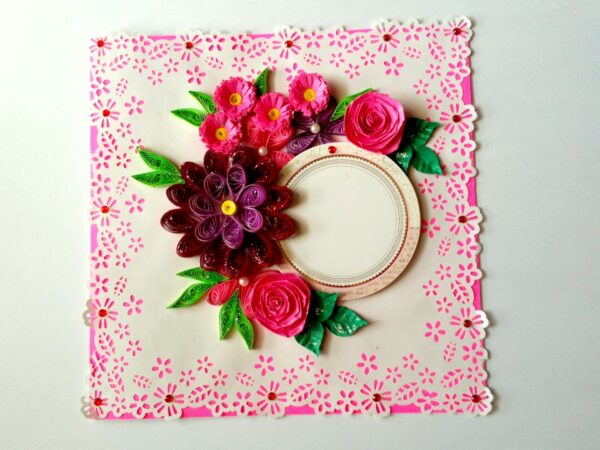 Paper Lace Border Pink Variety Flowers Greeting Card image Paper Lace Border Pink Variety Flowers Greeting Card image