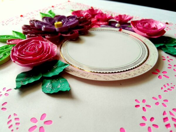 Paper Lace Border Pink Variety Flowers Greeting Card image Paper Lace Border Pink Variety Flowers Greeting Card image
