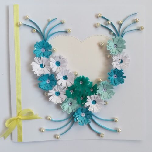 White and Blue Quilled Flowers in Heart Greeting Card image