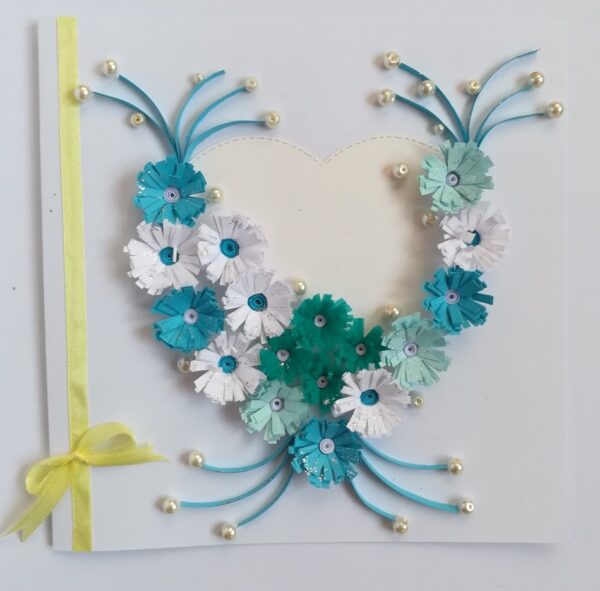 White and Blue Quilled Flowers in Heart Greeting Card image
