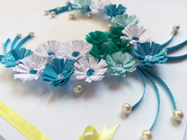 White and Blue Quilled Flowers in Heart Greeting Card image