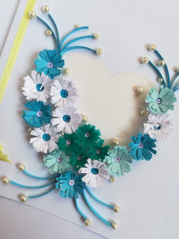 White and Blue Quilled Flowers in Heart Greeting Card image