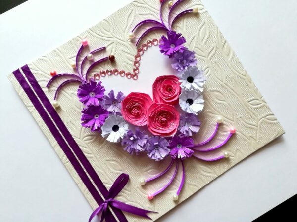 Pink and Purple Quilled Flowers in Heart Greeting Card image Pink and Purple Quilled Flowers in Heart Greeting Card image
