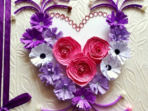 Pink and Purple Quilled Flowers in Heart Greeting Card image Pink and Purple Quilled Flowers in Heart Greeting Card image