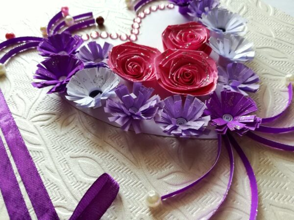 Pink and Purple Quilled Flowers in Heart Greeting Card image Pink and Purple Quilled Flowers in Heart Greeting Card image