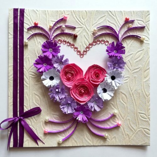 Pink and Purple Quilled Flowers in Heart Greeting Card image