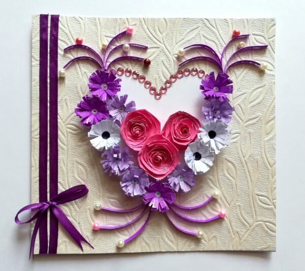 Pink and Purple Quilled Flowers in Heart Greeting Card image Pink and Purple Quilled Flowers in Heart Greeting Card image