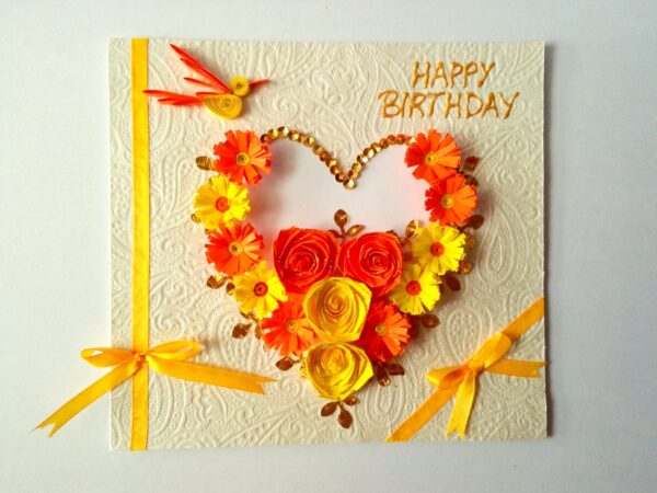 Yellow Themed Quilled Flowers in Heart Greeting Card image Yellow Themed Quilled Flowers in Heart Greeting Card image