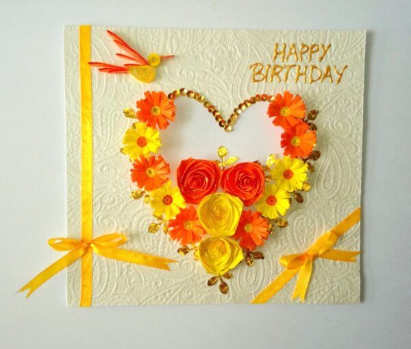 Yellow Themed Quilled Flowers in Heart Greeting Card image Yellow Themed Quilled Flowers in Heart Greeting Card image