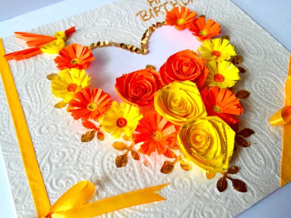 Yellow Themed Quilled Flowers in Heart Greeting Card image Yellow Themed Quilled Flowers in Heart Greeting Card image